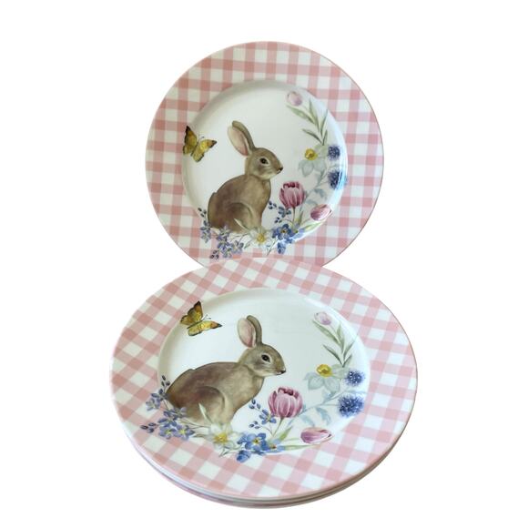 Grace Teaware Bunny Floral Pink Gingham 8in Side Salad Plates Set of 4 NEW - Picture 8 of 12